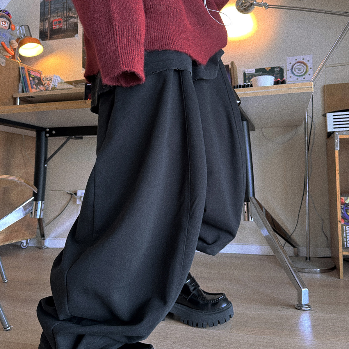 Aurocean 黑色弯刀阔腿卫裤 立体剪裁重磅纯棉秋冬氛围感休闲裤,淘宝优惠券,粉丝福利购,淘宝优惠卷