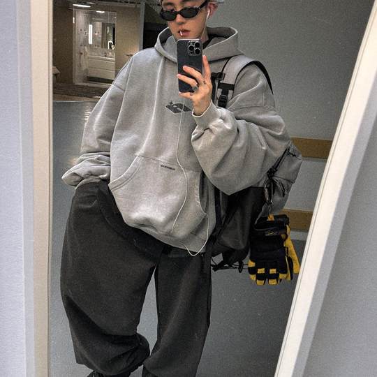 Aurocean 炒盐水洗灰刺绣连帽卫衣 重磅纯棉抓绒磨毛宽版廓形内搭