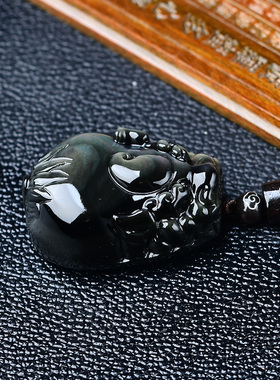 2025年天然彩虹眼冰种黑曜石貔貅钥匙扣金曜石吞金兽吊坠招财纳福