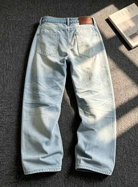 cleanfit浅蓝直筒牛仔裤男女同款宽松显瘦做旧水洗阔腿裤口袋巾