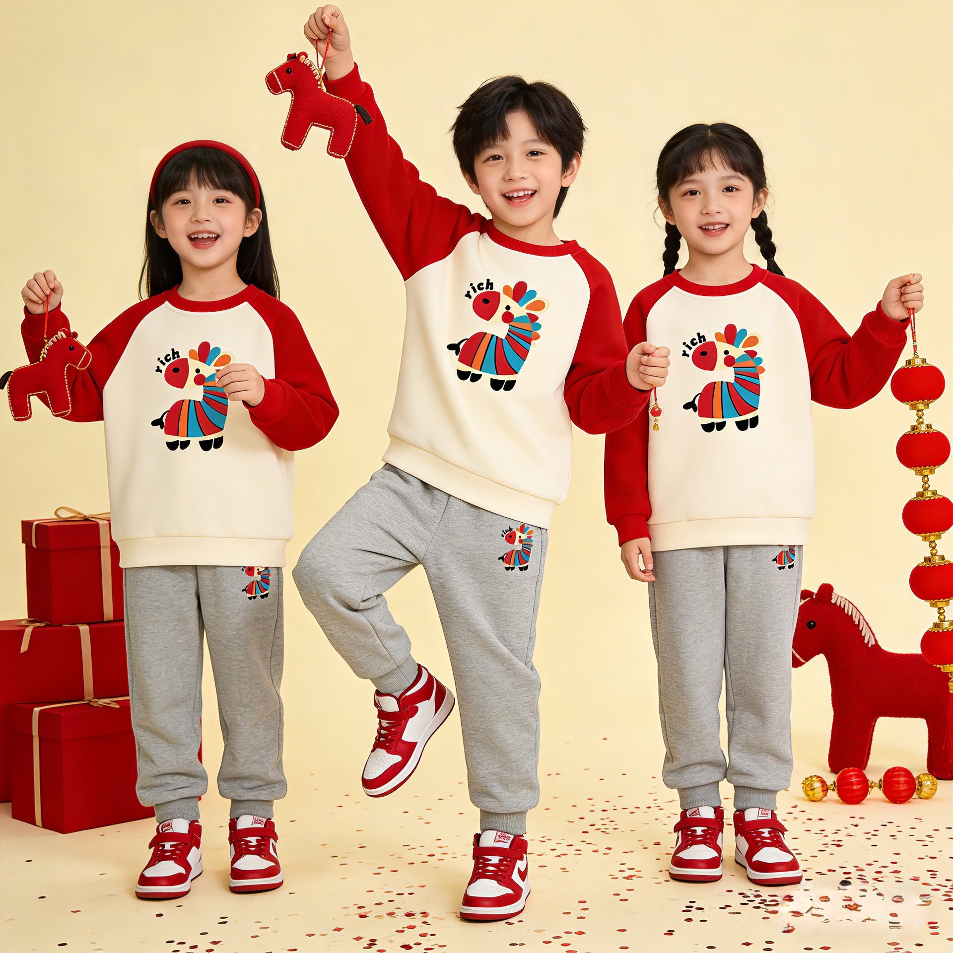 马年童套装本命年男童女童加绒卫衣套装2026新款儿童过年喜庆衣服,淘宝优惠券,粉丝福利购,淘宝优惠卷