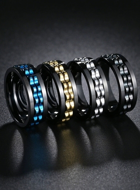 KANZAO新款饰品欧美潮男多色齿轮转动减压钛钢戒指不掉色