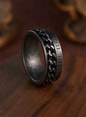 KANZAO欧美复古风做旧古银色钛钢戒指可转动链条戒指新款罗马数字