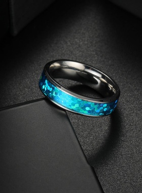 KANZAO 新款欧美标准美码钛钢饰品蓝色仿澳宝男女钛钢戒指手饰