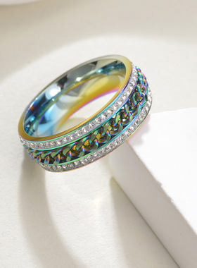 KANZAO 韩版钛钢情侣时尚戒指 钛钢可旋转动链条双排镶指女饰品