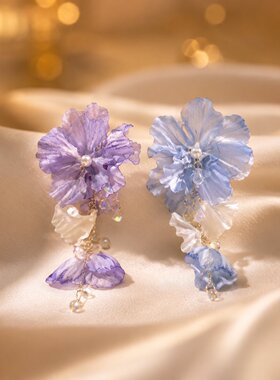 日本夏日紫色花朵流苏耳环女新款海边度假风耳饰森系浪漫纱花耳饰