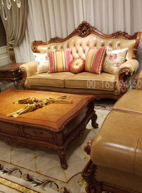 欧式美式古典实木别墅家具客厅系列FF96沙发真皮长茶几1