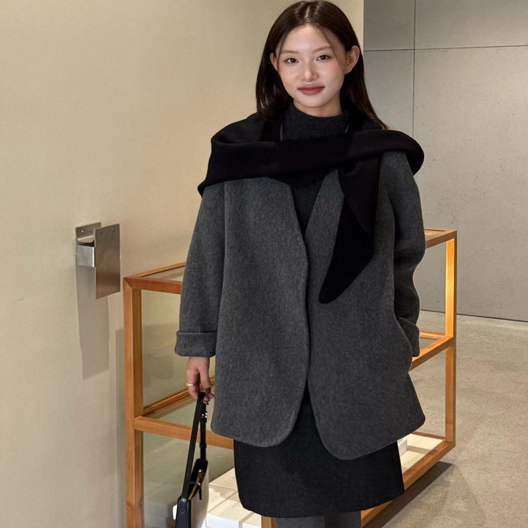 MOOTEA韩版冬季新款时尚气质V领带羊毛披肩中长款双面羊毛外套女,淘宝优惠券,粉丝福利购,淘宝优惠卷