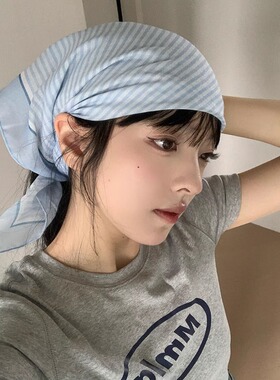 韩系小清新蓝色条纹头巾女夏季2025新款百搭高级感包头丝巾发带潮