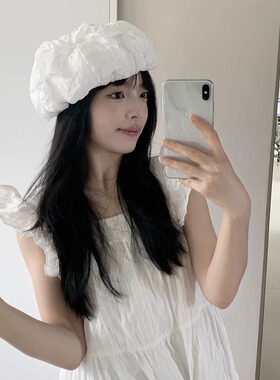 韩系小众设计白色泡泡纱贝雷帽女春夏夸张大版显脸小氛围感画家帽