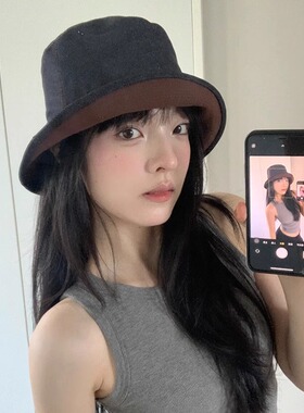 日系双面可戴牛仔渔夫帽女复古韩系夏季显脸小百搭水桶帽遮阳盆帽