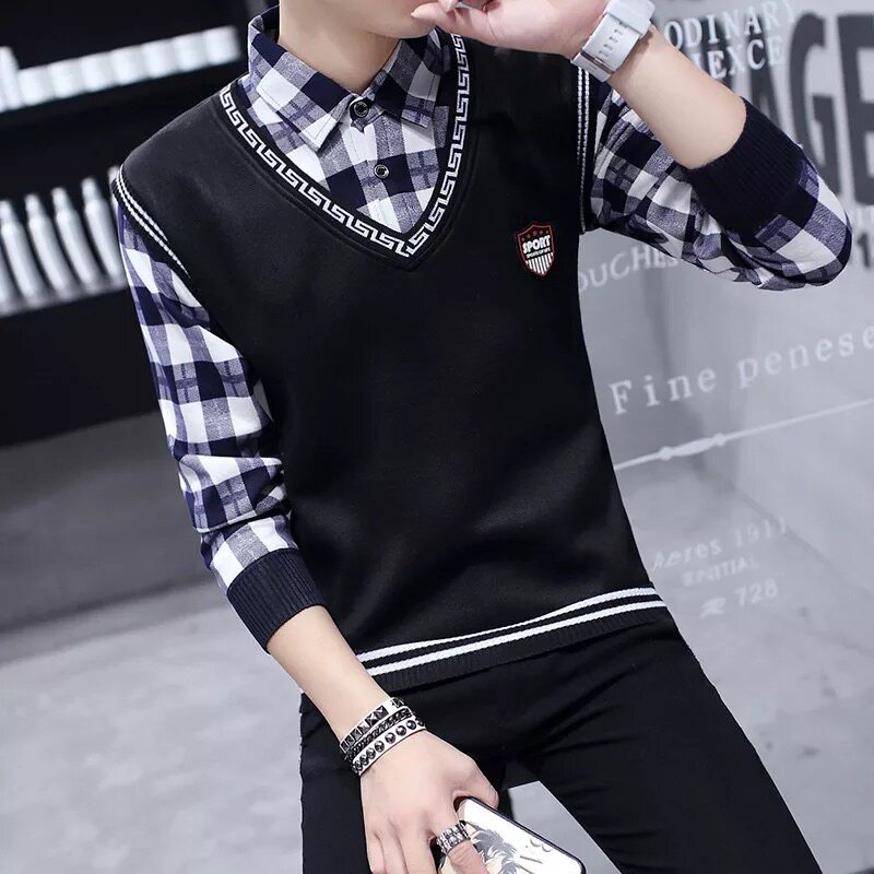 秋冬季男士假两件衬衫领加绒毛衣 外叁针织衫/毛衣