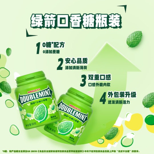 【白鹿同款】绿箭原味薄荷味无糖口香糖果约40粒56g清新口气休闲