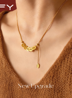 碎碎冰五帝钱项链女轻奢高级感气质大气爆闪金色锁骨链生日礼物女