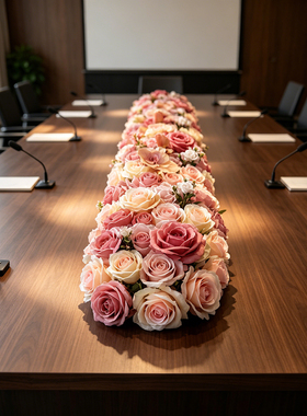 会议室会议桌长桌花假花餐厅宴会长餐桌桌面摆花装饰花艺迎宾台花