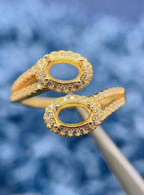 S925纯银戒指空托4*6mm双石款