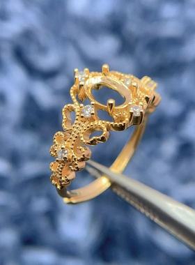 S925银戒指空托椭圆形5*7mm复古蕾丝镂空风复古戒托红宝石祖母绿