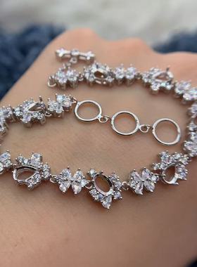 S925银手链空托华丽奢华闪亮百搭