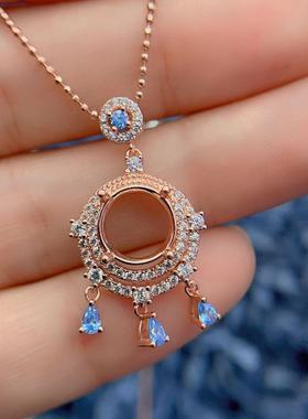 S925银吊坠空托天然托帕石项链坠