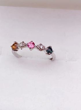 S925纯银镶嵌天然碧玺戒指空托圆3mm3粒开口可调节新鲜玫瑰花款式