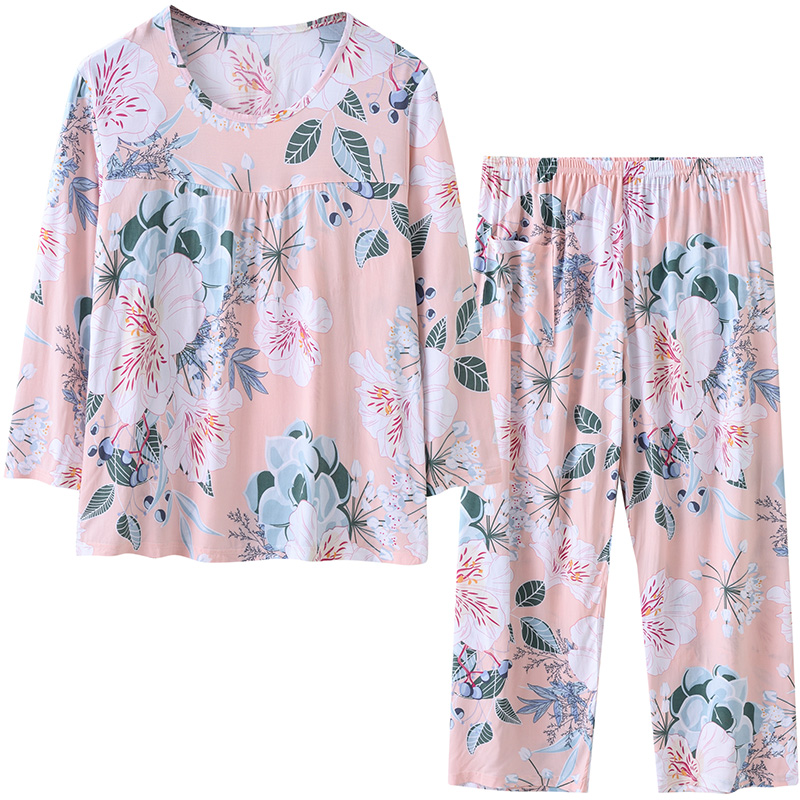 中老年棉绸睡衣女装可外穿女款2025新款夏季长袖大码妈妈绵绸套装 - 图0
