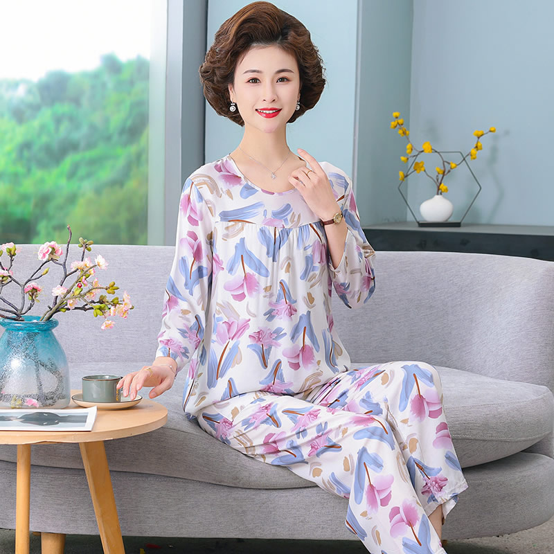 中老年棉绸睡衣女装可外穿女款2025新款夏季长袖大码妈妈绵绸套装 - 图3