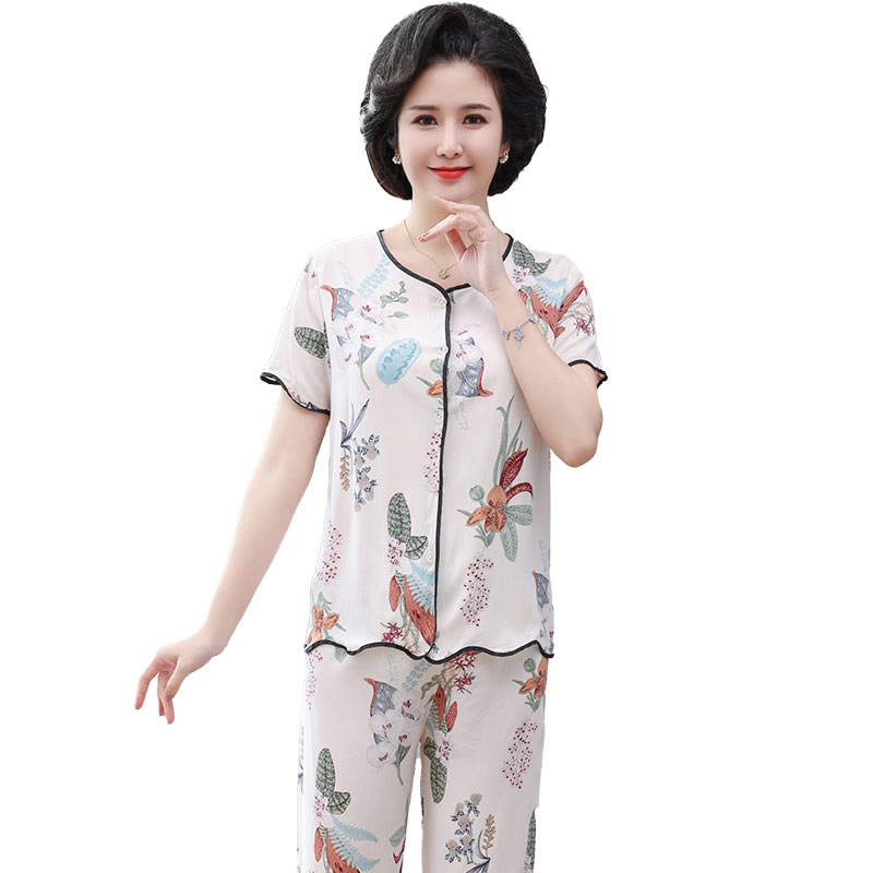 老年人女装睡衣春秋款短袖短裤妈妈棉绸开衫套装宽松家居服可外穿 - 图0
