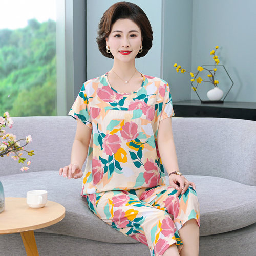 中老年夏装女装大码妈妈棉绸睡衣女款夏季冰丝薄款短袖套装家居服 - 图0