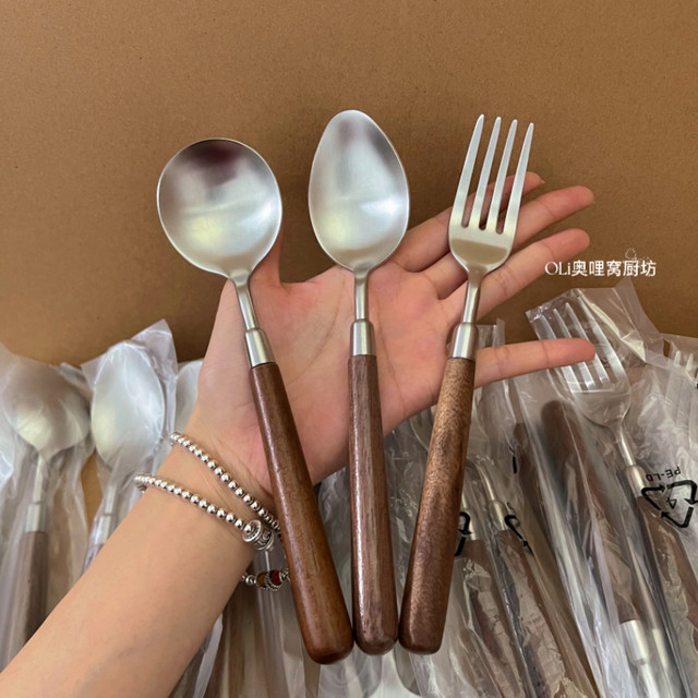 Walnut handle spoon stainless steel thickened household high-end exquisite dining spoon long handle fork western food soup spoon