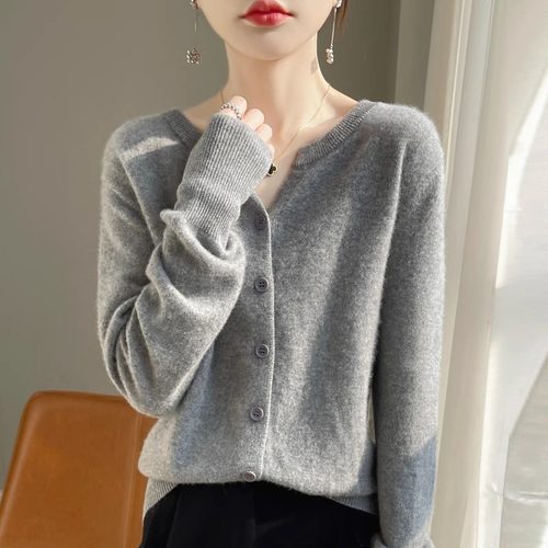 2025秋季新款小V领羊毛针织衫开衫短款女装上衣毛衣长袖外套 - 图0