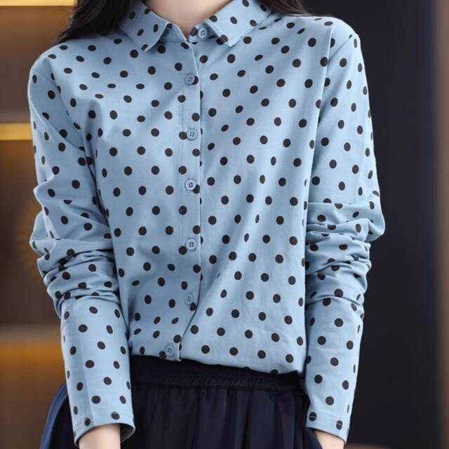 ພາກຮຽນ spring ຮູບແບບໃຫມ່ຝຣັ່ງ polka dot ເສື້ອແມ່ຍິງແຂນຍາວ polo collar temperament slim bottoming ເສື້ອຕ່າງປະເທດແບບເສື້ອຝ້າຍເທິງ