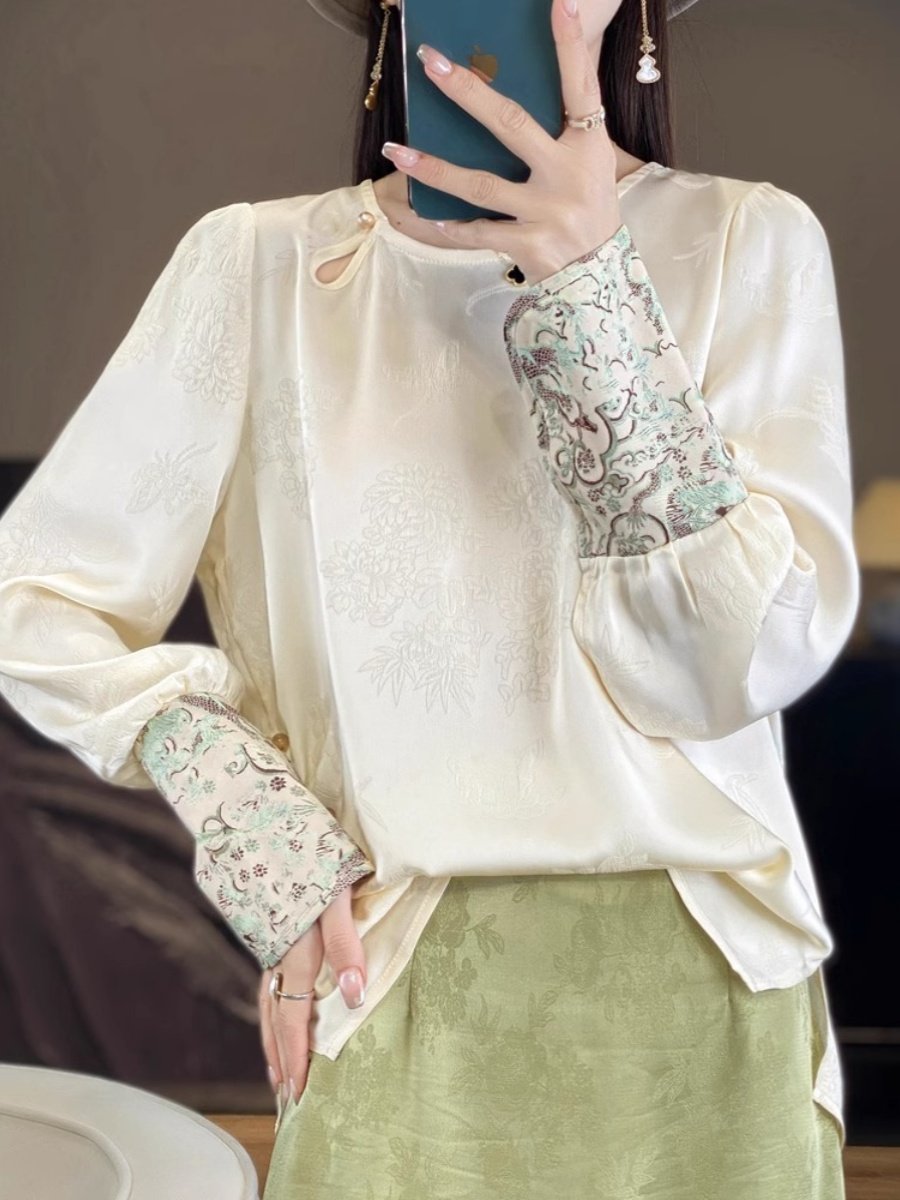 国风提花真丝上衣女春2025新款盘扣新中式复古拼长袖桑蚕丝衬衫,淘宝优惠券,粉丝福利购,淘宝优惠卷