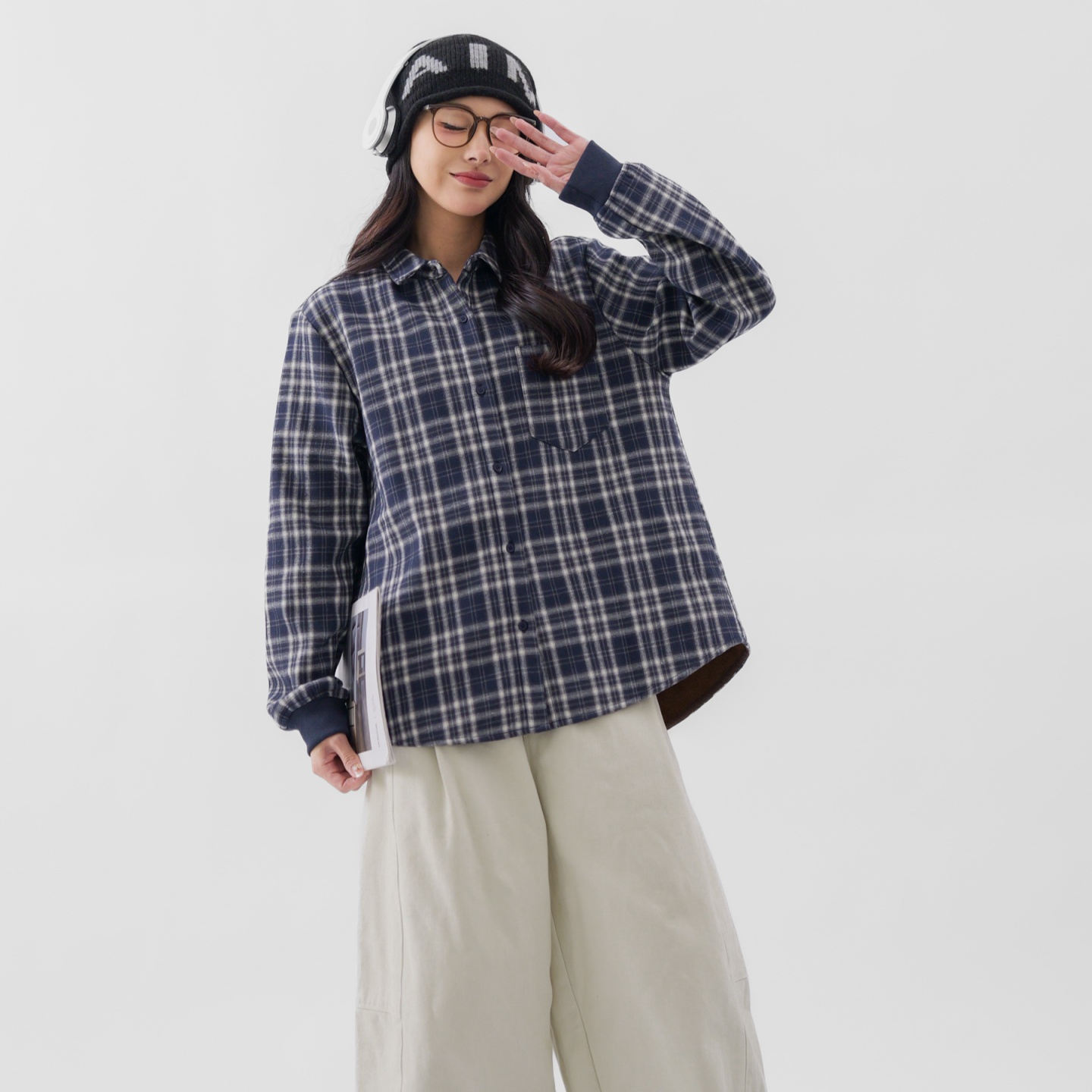 初澜复古格子加厚长袖衬衫女2025秋冬装新款保暖打底上衣内搭衬衣 - 图0