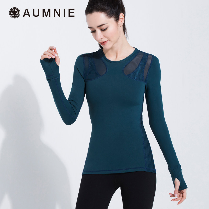 AUMNIE澳弥尼塑形拼接网布T恤女含胸垫速干透气长袖运动跑步瑜伽,淘宝优惠券,粉丝福利购,淘宝优惠卷