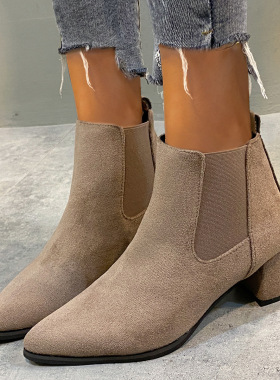 法式小短靴尖头女秋冬薄粗跟靴复古 women's shoes boots ladies