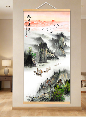 新中式流水生财瀑布招财风水聚宝盆玄关挂画入户过道办公室装饰画