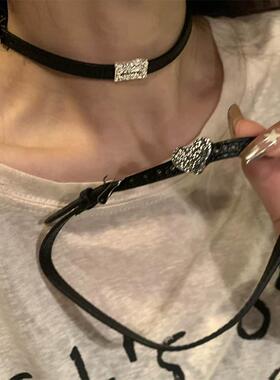 黑色皮绳颈链锁骨链高级感毛衣链小众百搭配饰项链2023新款爆款