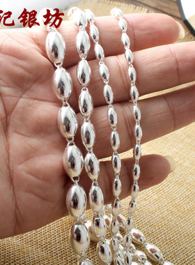 正品椭圆珠S999纯银项链女长款银珠圆珠子毛衣链男士韩版白银佛珠