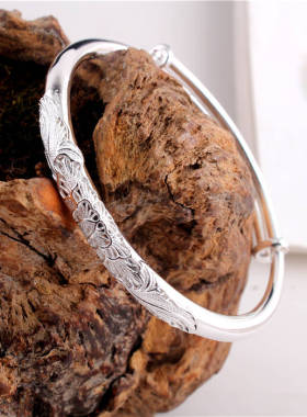 莲花丝实心银手镯女款999纯银镯子送妈妈闺蜜女友银饰品伸缩手环