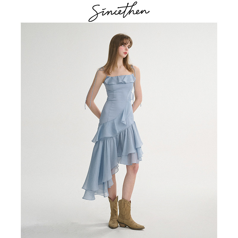 sincethen法式蓝色吊带裙不规则掐腰裙春装裙子白色连衣裙长裙女,淘宝优惠券,粉丝福利购,淘宝优惠卷