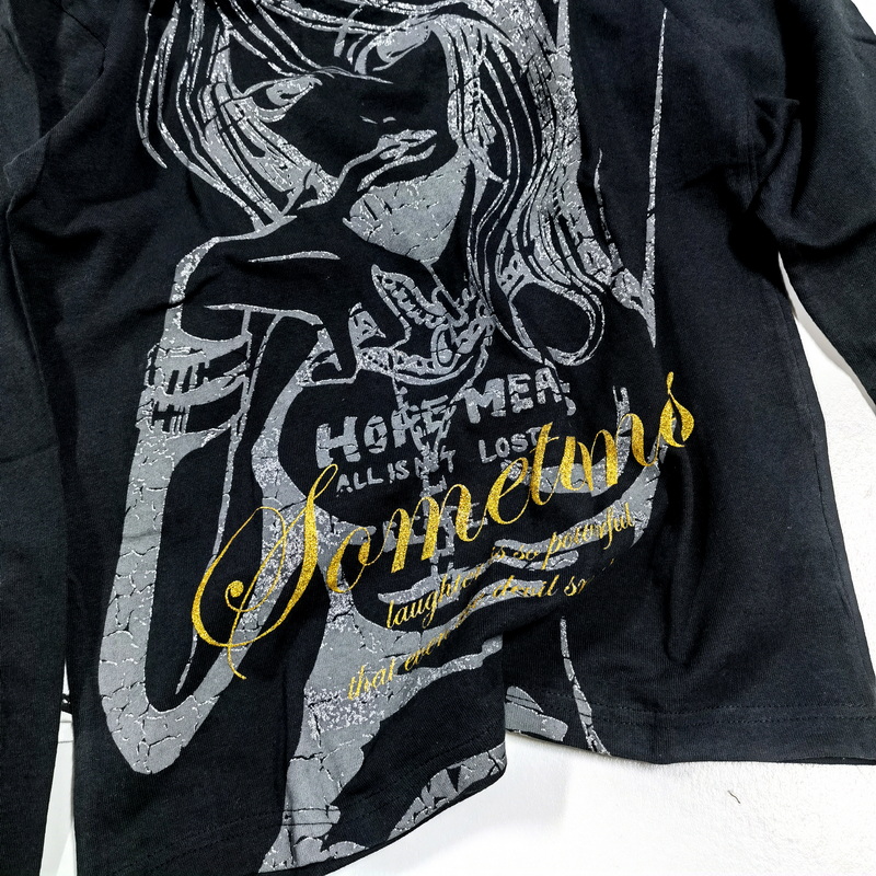 没几件 日单好货原宿辣妹亚文化富江联名印花烫银假两件长袖T恤女 - 图1