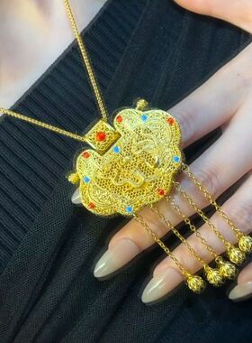 天子门生流苏吊坠复古花丝镶嵌锁包项链女龙凤呈祥国风百搭毛衣链