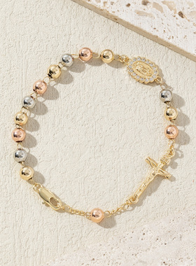 彩色带钻十字架念珠波西米亚手链