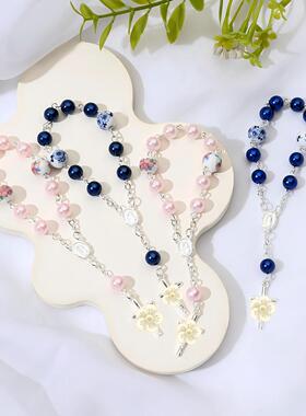 热销粉色蓝色陶瓷花朵手链十字架手持串珠手串饰品后视镜挂饰