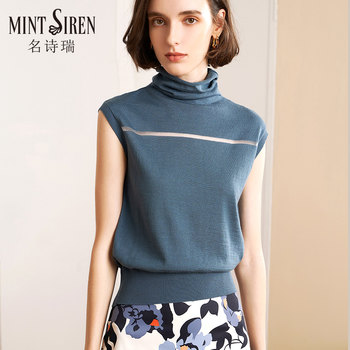 MintSiren2024 ຕົ້ນພາກຮຽນ spring turtleneck sleeveless sweater pure wool thin short-sleeved pile collar bottoming shirt for women