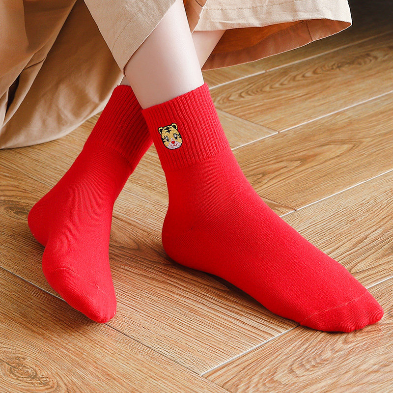 红袜子女男士全棉属虎年结婚情侣 卡袋熊短袜/打底袜/丝袜/美腿袜
