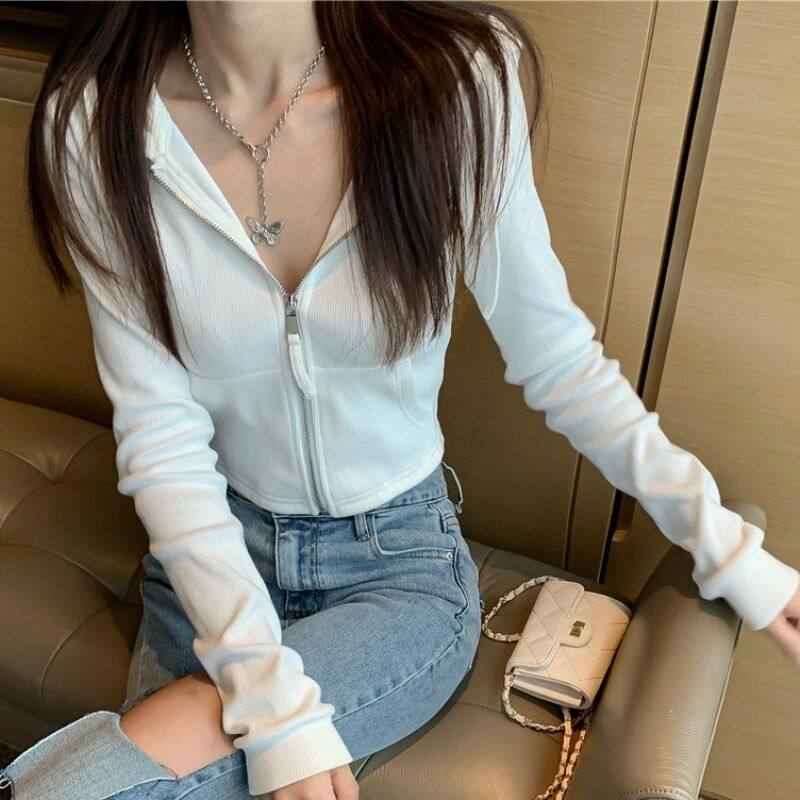 2021秋装性感显瘦开衫拉链连帽卫衣 安蒂芙短外套