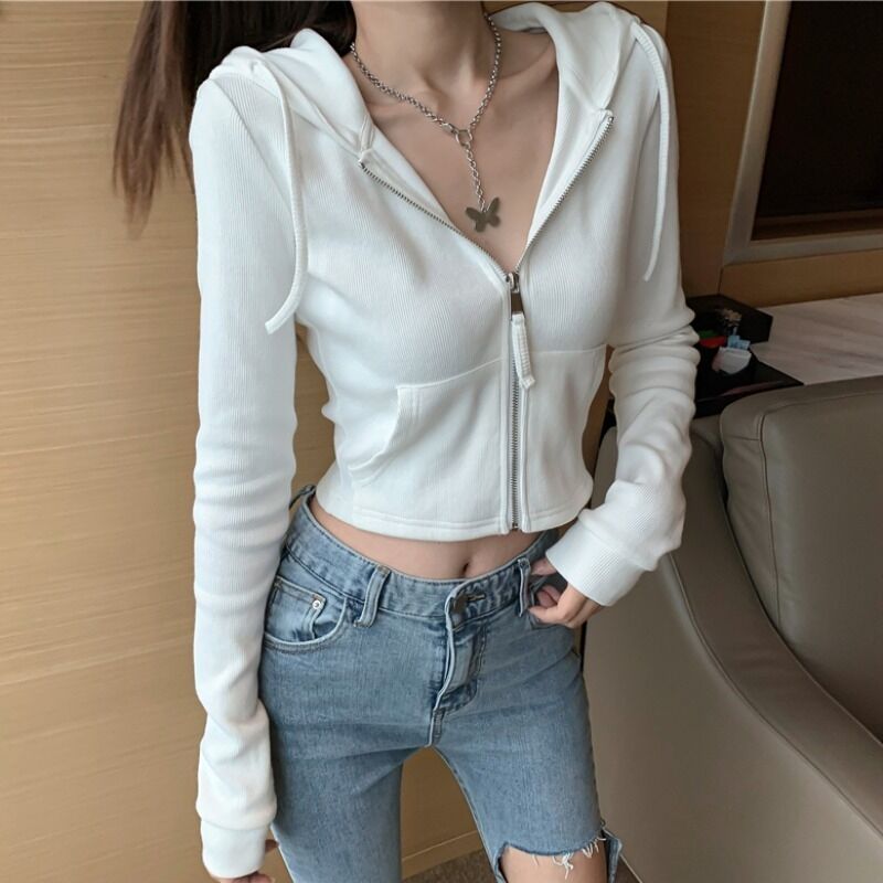 2021秋装性感显瘦开衫拉链连帽卫衣 安蒂芙短外套