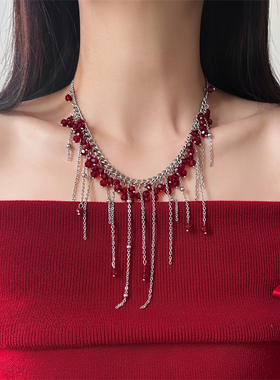 红色流苏长款垂坠性感气质项链