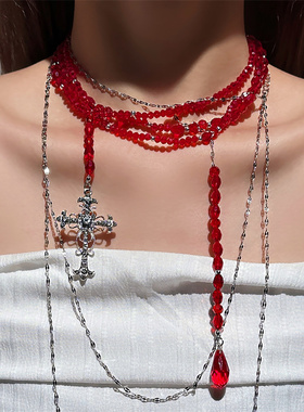 多层叠戴红色水晶十字架项链女